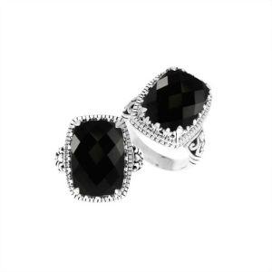 Handmade sterling silver Balinese ring with faceted cushion-cut Black Onyx Quartz.
