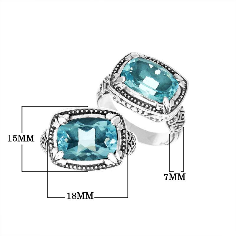 Handmade sterling silver Balinese ring with cushion-cut Blue Topaz Quartz and beadwork details.