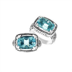 Handmade sterling silver Balinese ring with cushion-cut Blue Topaz Quartz and beadwork details.
