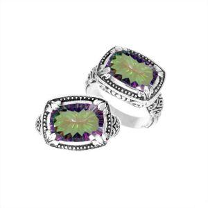 Handmade sterling silver Balinese ring with cushion-cut Mystic Quartz in shifting Green and Purple hues.