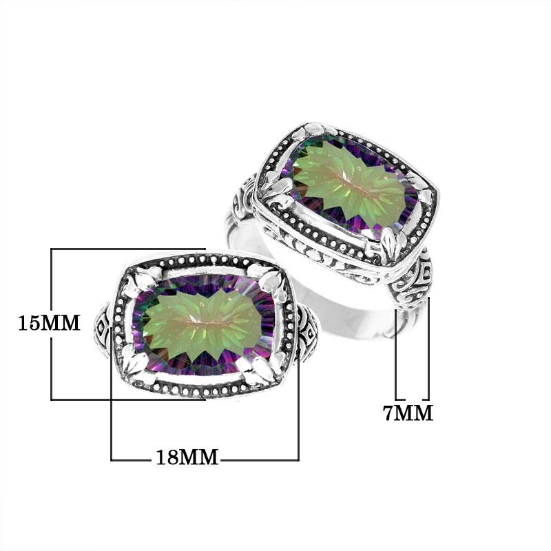 Handmade sterling silver Balinese ring with cushion-cut Mystic Quartz in shifting Green and Purple hues.