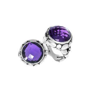 Handmade sterling silver Balinese ring with round-cut Amethyst Quartz in a bold bezel design.
