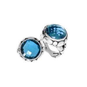 Handmade sterling silver Balinese ring with round-cut Blue Topaz Quartz in a bold bezel.