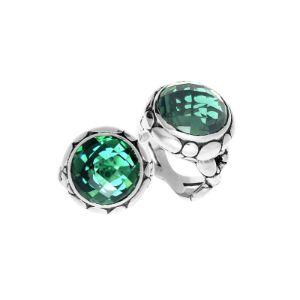 Handmade sterling silver Balinese ring with round faceted Green Quartz in a bold bezel.