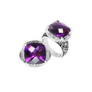 Handmade sterling silver Balinese ring with cushion-cut Amethyst Quartz in vivid purple hues.