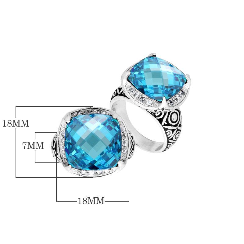 Handmade sterling silver Balinese ring with cushion-cut Blue Topaz Quartz in vivid aqua tones.