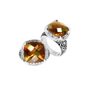 Handmade sterling silver Balinese ring with cushion-cut Citrine Quartz in warm golden tones.