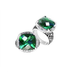 Handmade sterling silver Balinese ring with cushion-cut Green Quartz in vibrant tones.