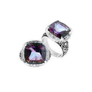 Handmade sterling silver Balinese ring with cushion-cut Mystic Quartz showing Multicolor brilliance.
