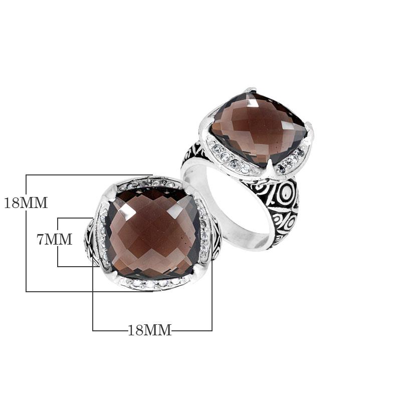 Handmade sterling silver Balinese ring with cushion-cut Smoky Topaz Quartz in deep brown hues.