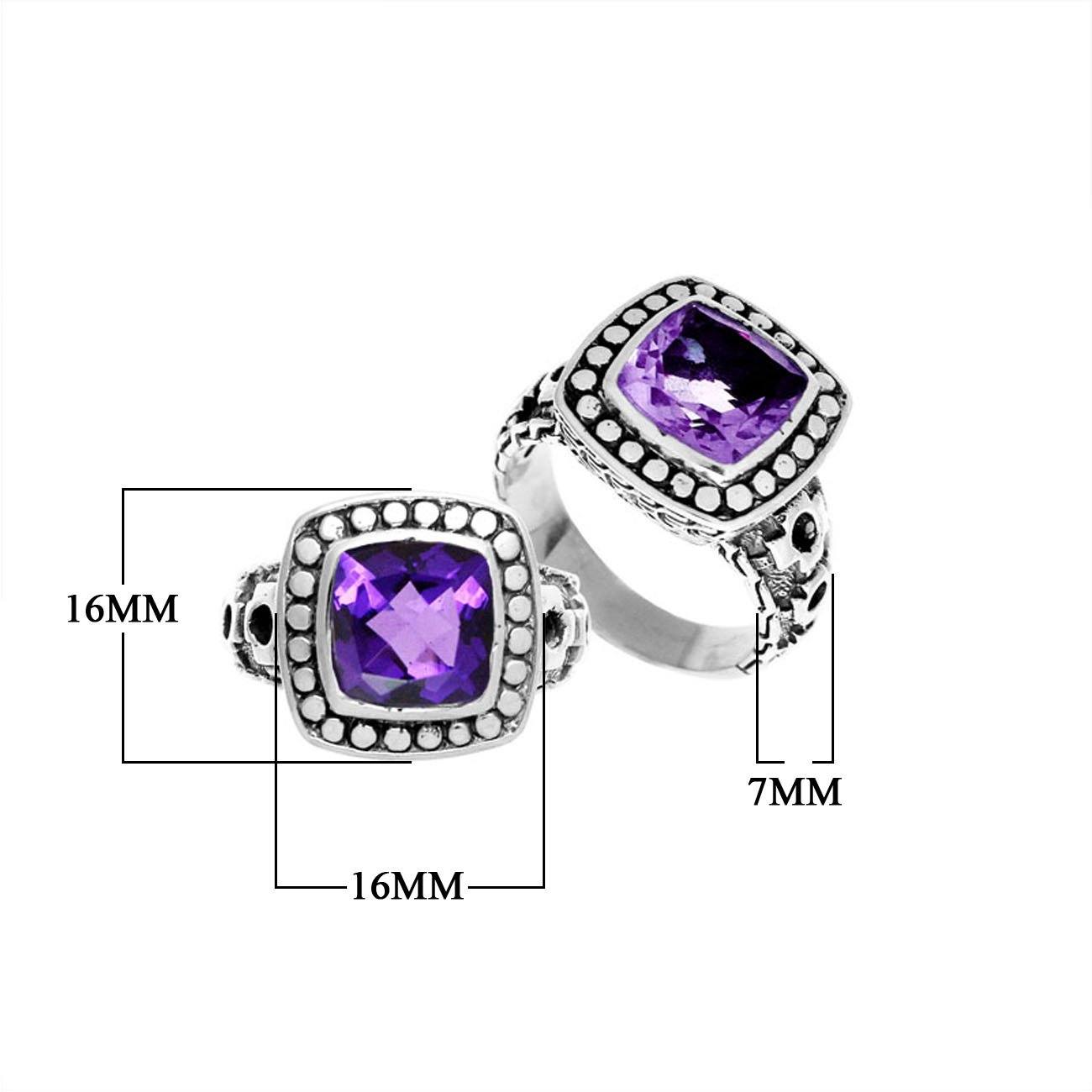 Handmade sterling silver Balinese ring with cushion-cut Amethyst Quartz in a dotted bezel design.