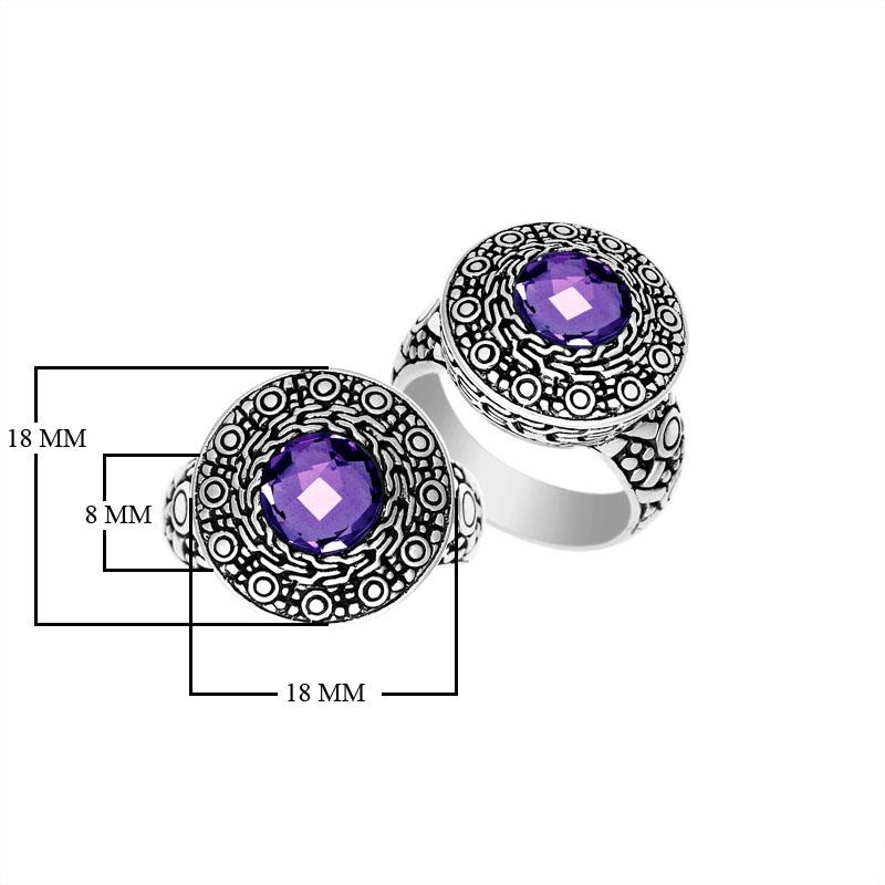 Handmade sterling silver Balinese ring with round Amethyst Quartz in ornate engraved bezel.