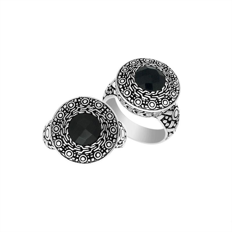 Handmade sterling silver Balinese ring with round Black Onyx Quartz in ornate engraved bezel.