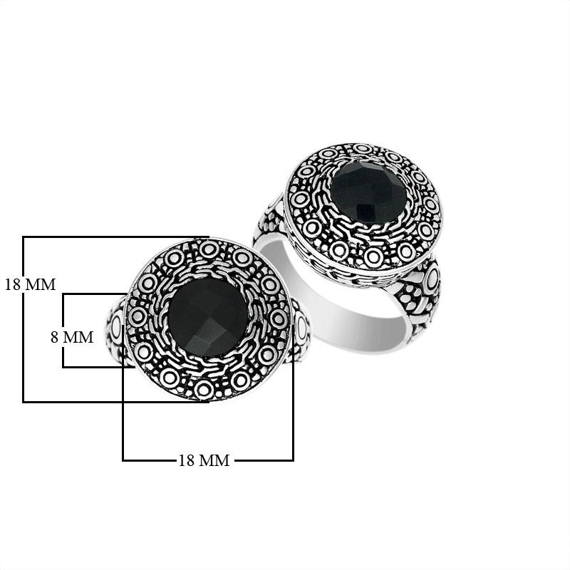 Handmade sterling silver Balinese ring with round Black Onyx Quartz in ornate engraved bezel.