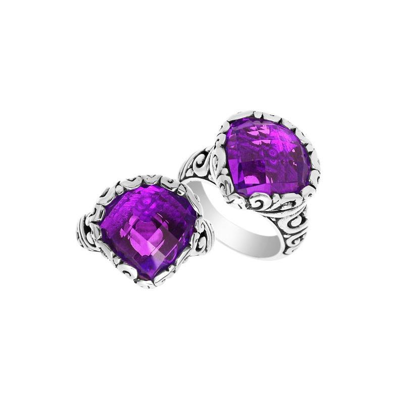 Handmade sterling silver statement ring with Amethyst Quartz stones and Balinese silverwork