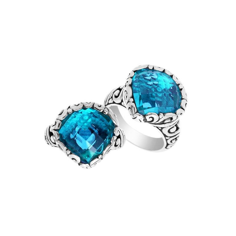 Handmade sterling silver statement ring with Blue Topaz Quartz stones and Balinese silverwork