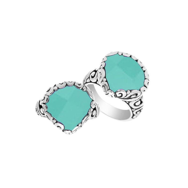 Handmade sterling silver statement ring with Green Chalcedony Quartz Stones and Balinese scroll details