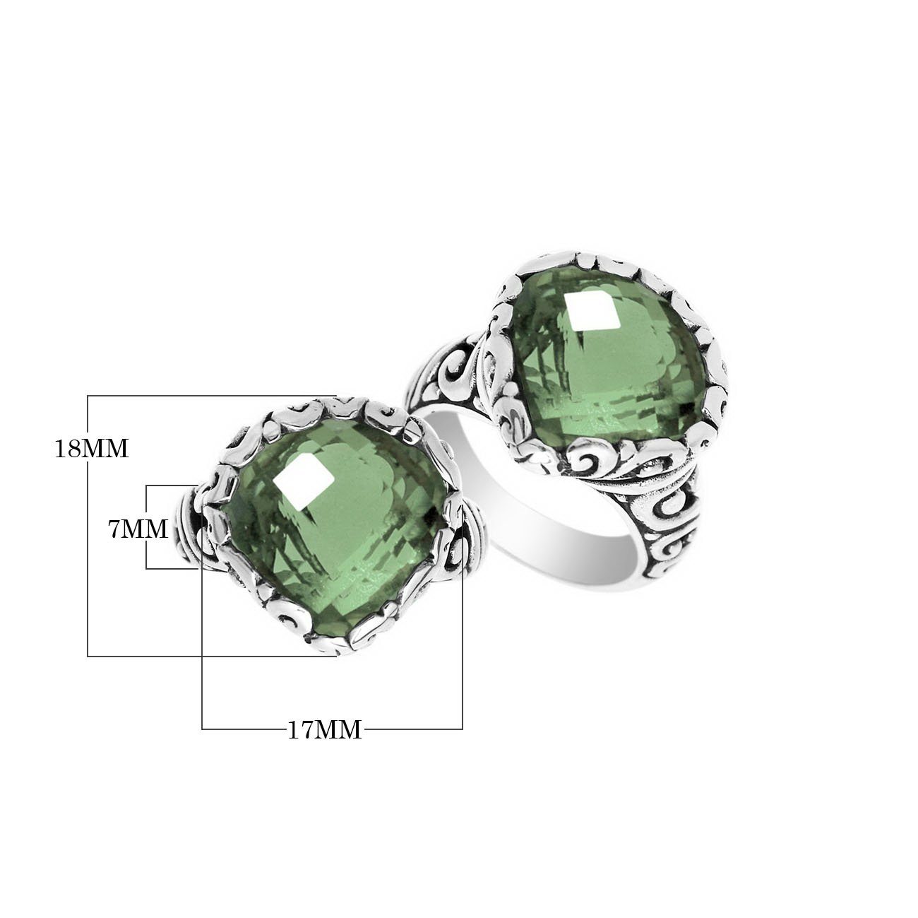Handmade sterling silver statement ring with Green Amethyst Quartz stones and Balinese silverwork
