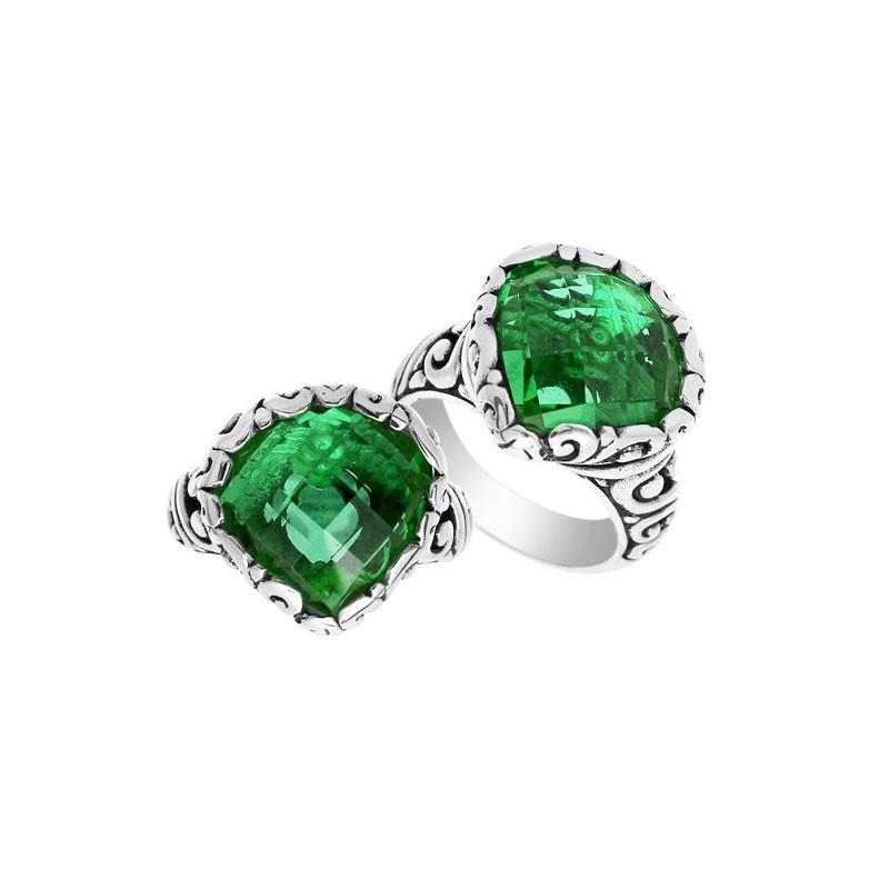 Handmade sterling silver statement ring with Green Quartz stones and Balinese silverwork