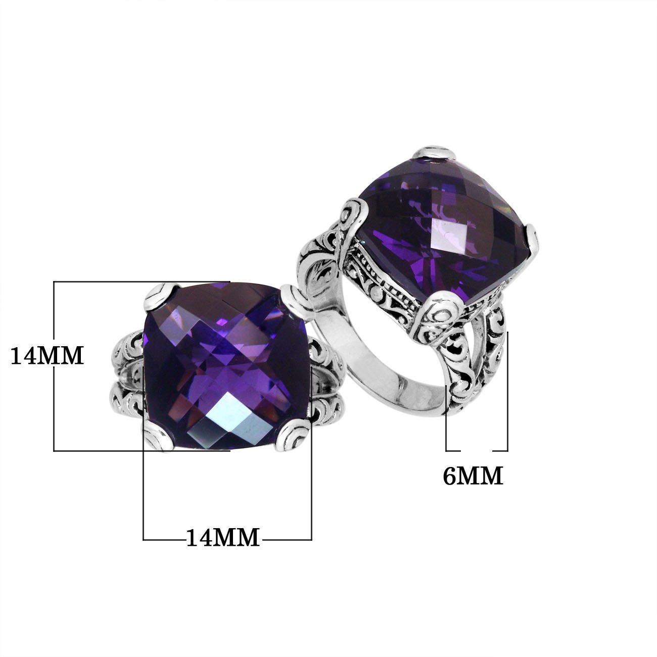 Elegant sterling silver ring with cushion-cut Amethyst Quartz, handcrafted Bali design.