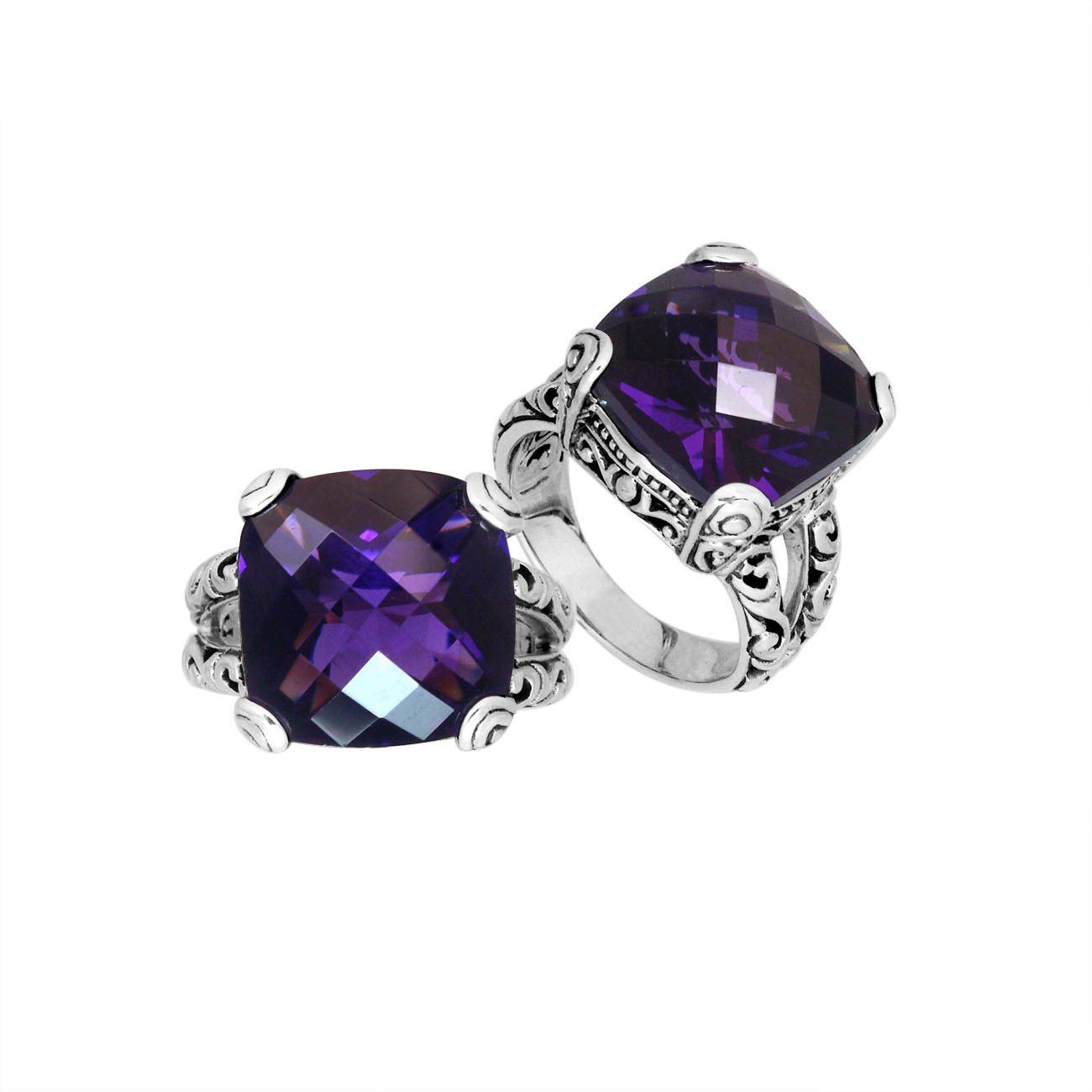 Elegant sterling silver ring with cushion-cut Amethyst Quartz, handcrafted Bali design.