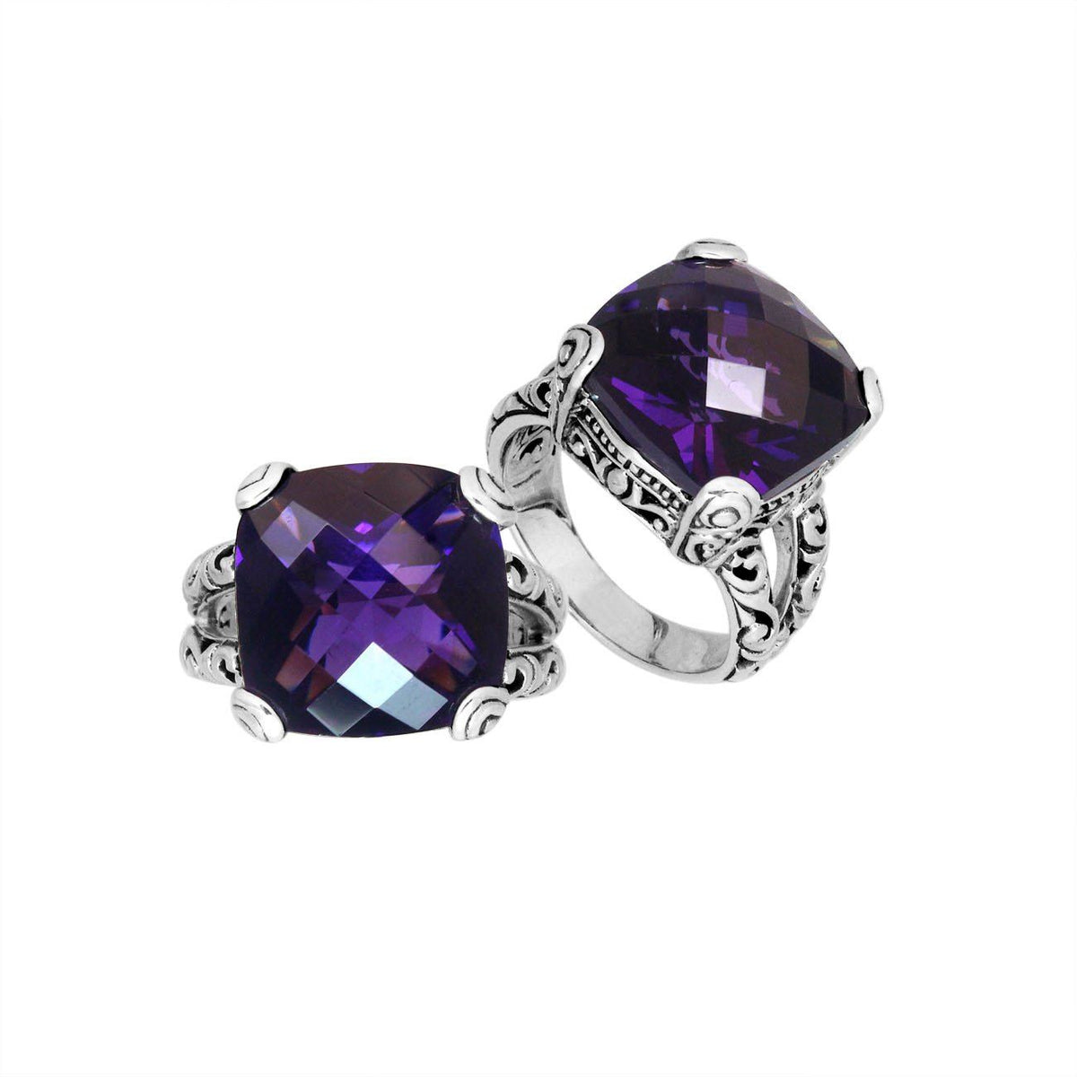 Elegant sterling silver ring with cushion-cut Amethyst Quartz, handcrafted Bali design.