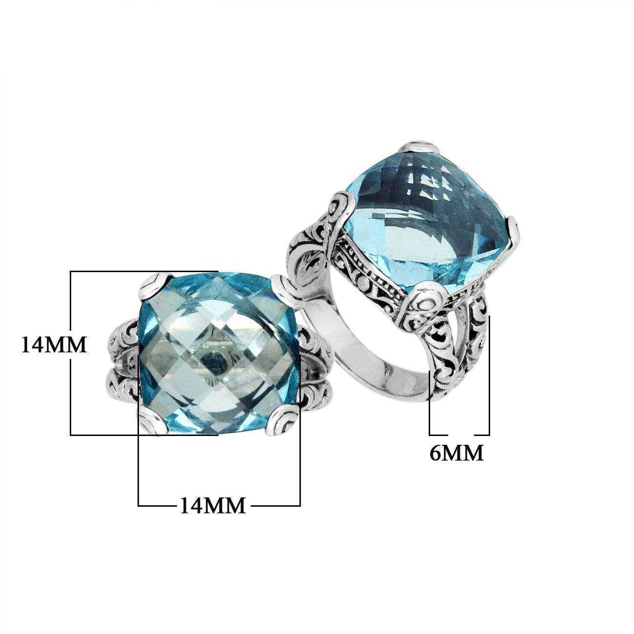 Elegant sterling silver ring with cushion-cut Blue Topaz Quartz, handcrafted Bali design.