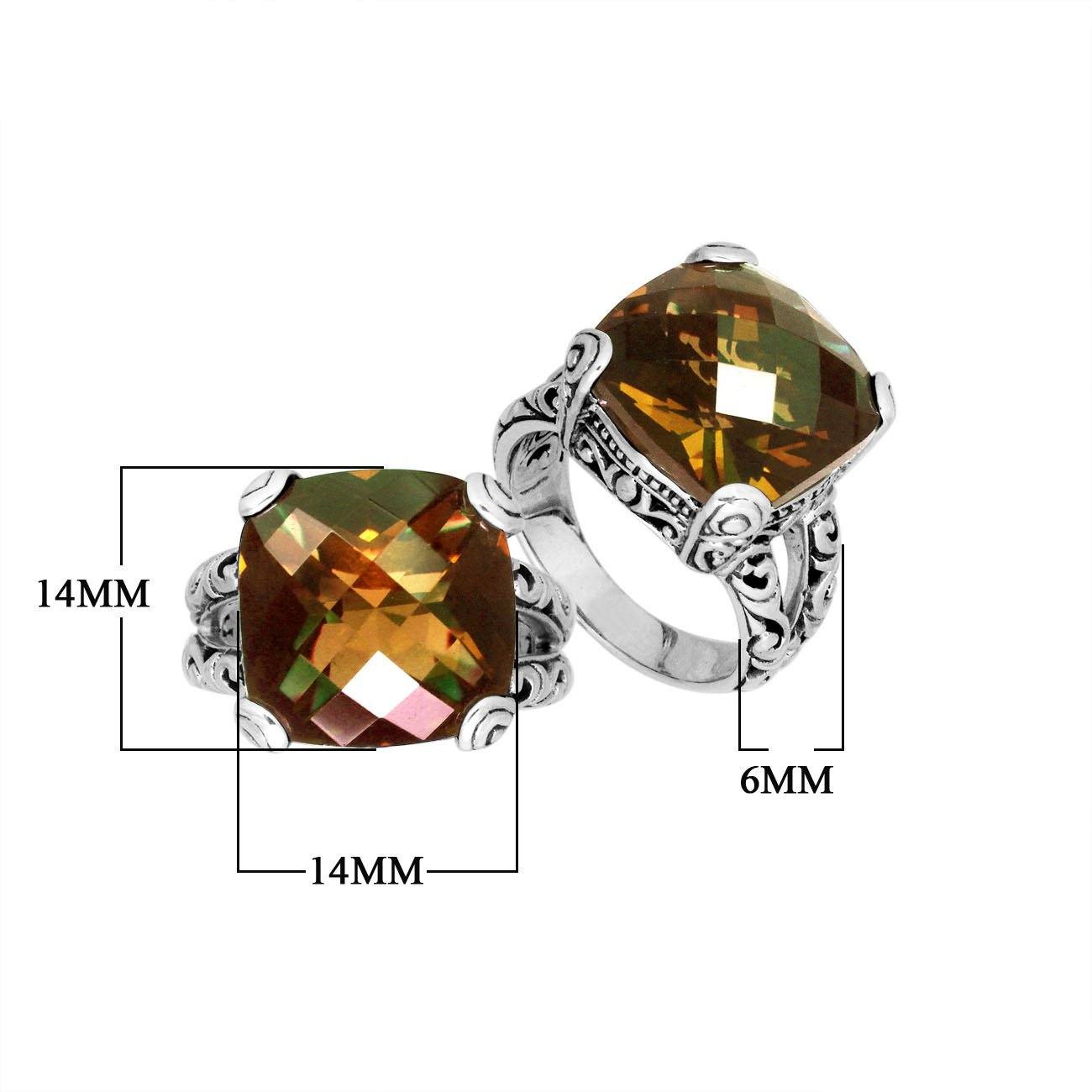Elegant sterling silver ring with cushion-cut Citrine Quartz, handcrafted Bali design.