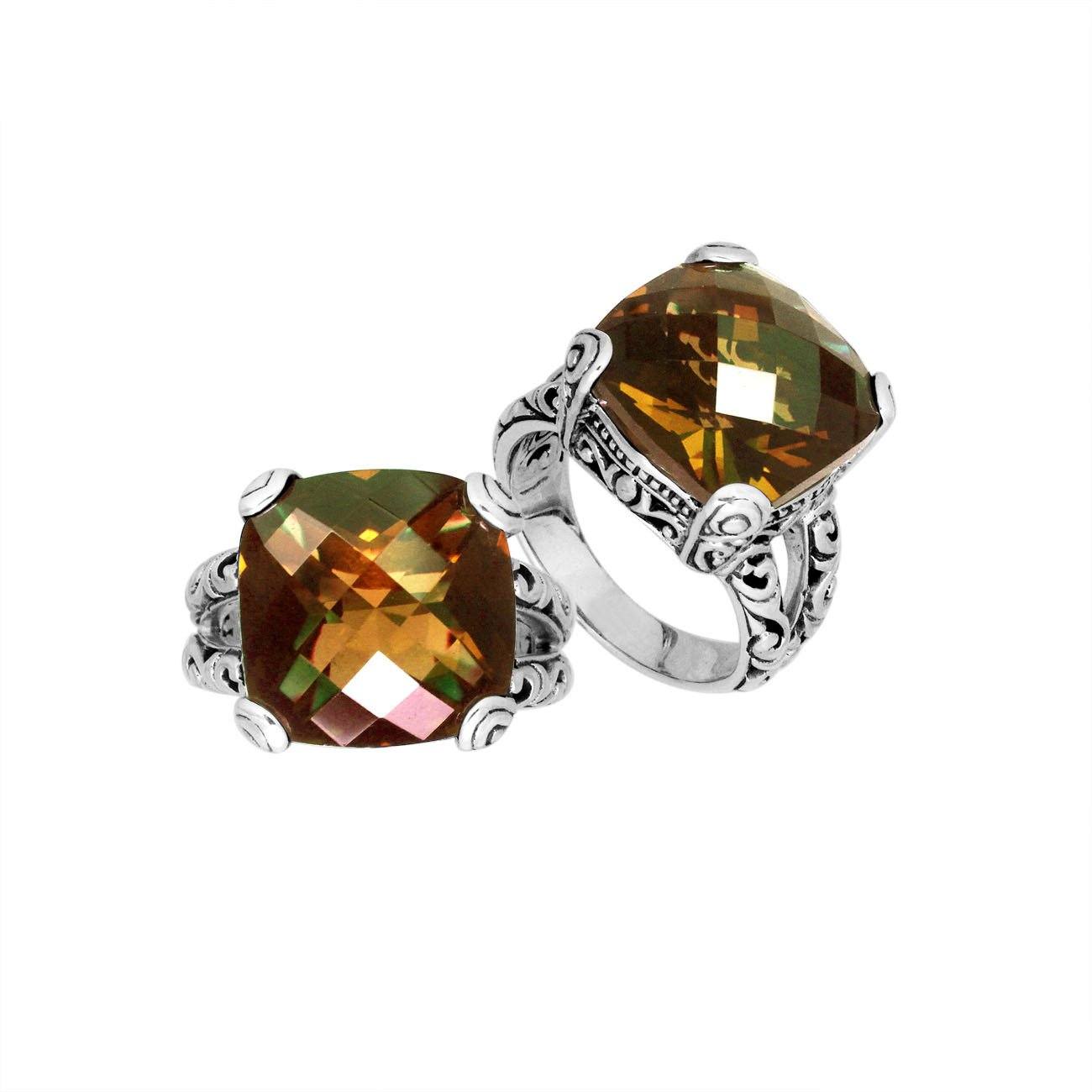 Elegant sterling silver ring with cushion-cut Citrine Quartz, handcrafted Bali design.