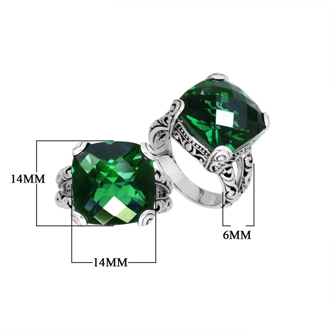 Elegant sterling silver ring with cushion-cut green quartz, handcrafted Bali design.