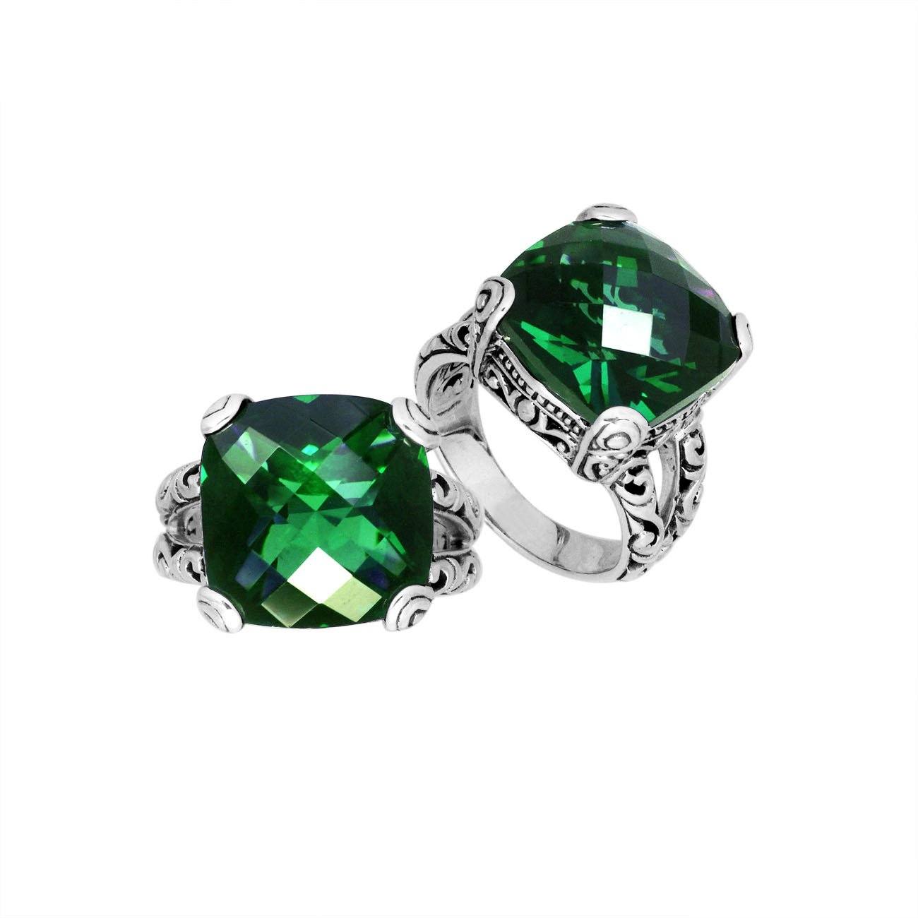 Elegant sterling silver ring with cushion-cut green quartz, handcrafted Bali design.