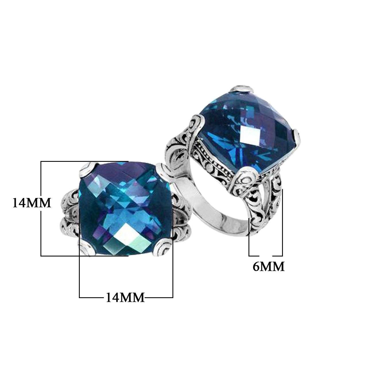 Handmade Sterling Silver ornate statement ring with cushion-cut London Blue Topaz Quartz, artisan crafted in Bali