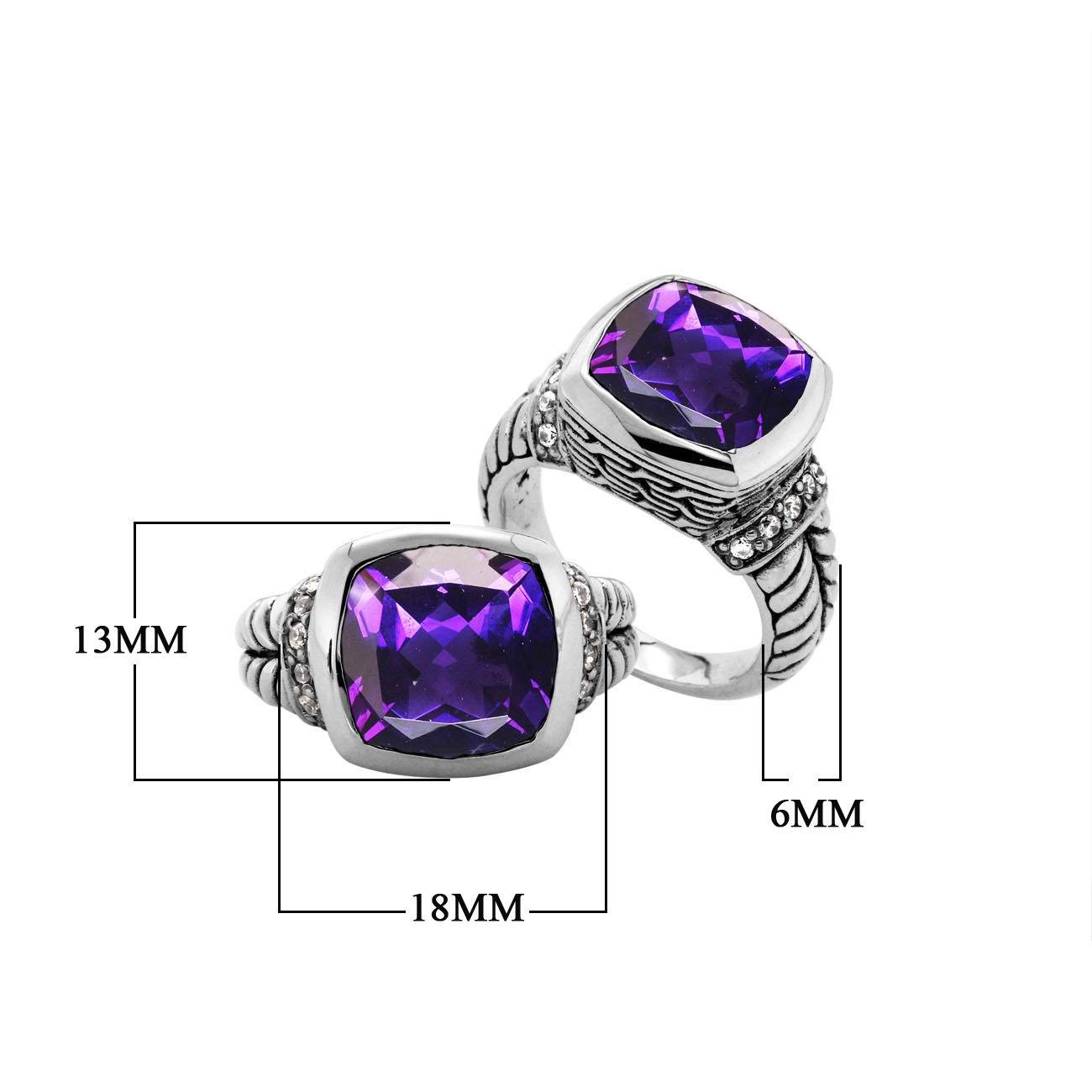 Sterling silver handcrafted Amethyst Quartz and Cubic Zirconia cushion-cut statement ring from Bali