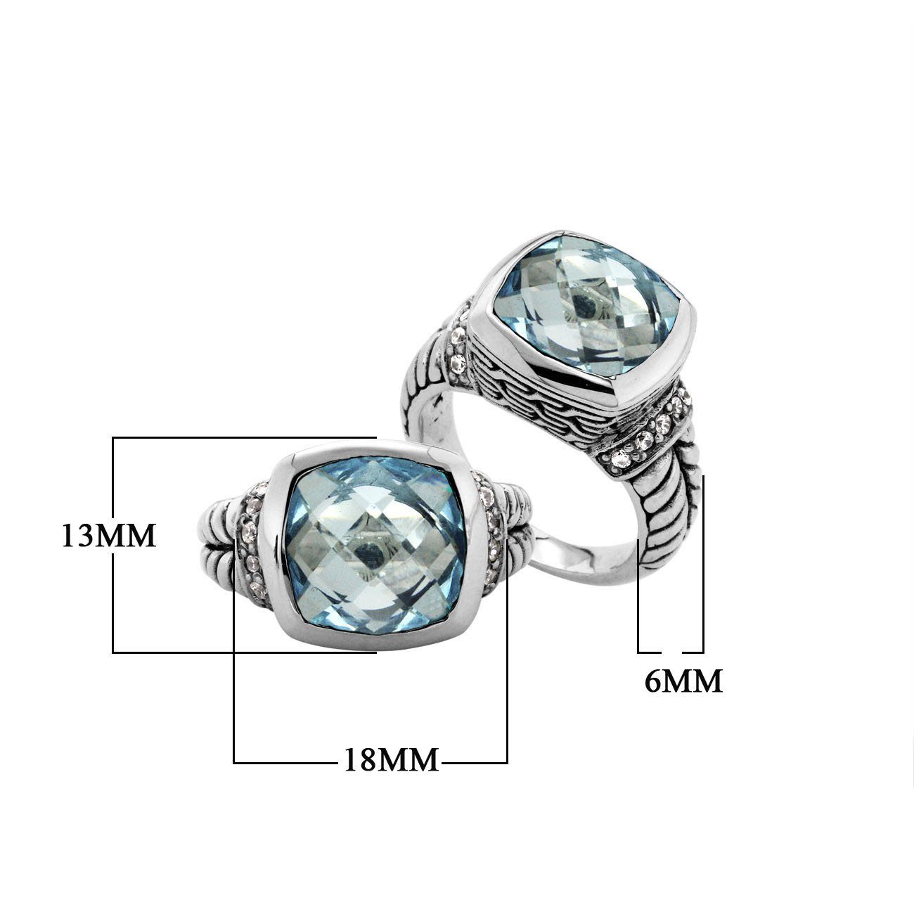 Blue Topaz Quartz and Cubic Zirconia Sterling Silver Ring for Retail, Handcrafted in Bali with a cushion-cut stone and polished finish.