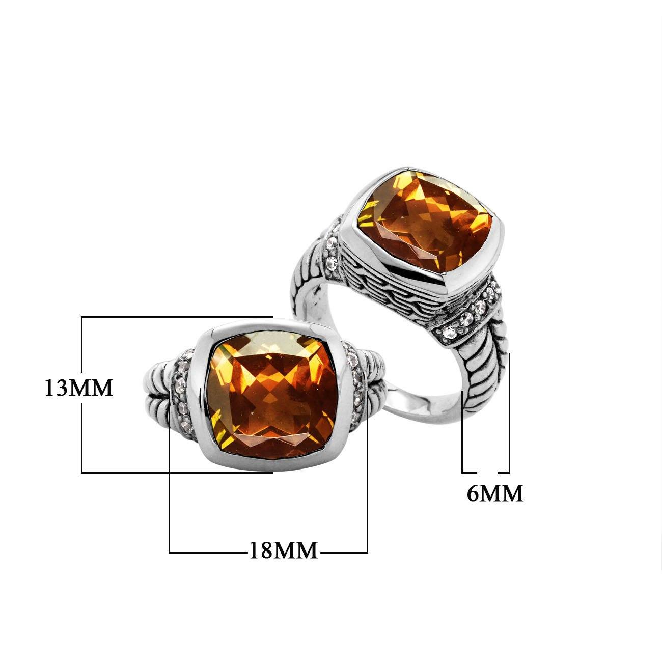 Sterling silver handcrafted Citrine Quartz and Cubic Zirconia cushion-cut statement ring from Bali