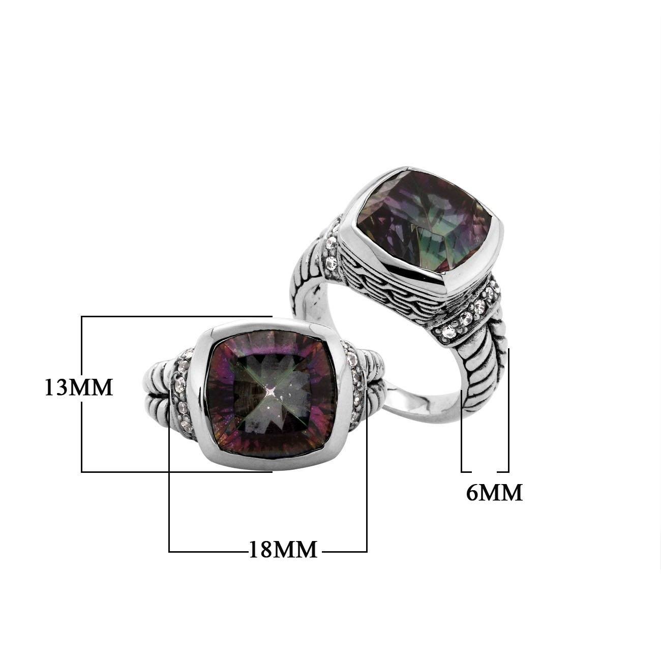 Mystic Topaz Quartz and Cubic Zirconia sterling silver ring, handcrafted in Bali with cushion-cut rainbow stone and polished finish.