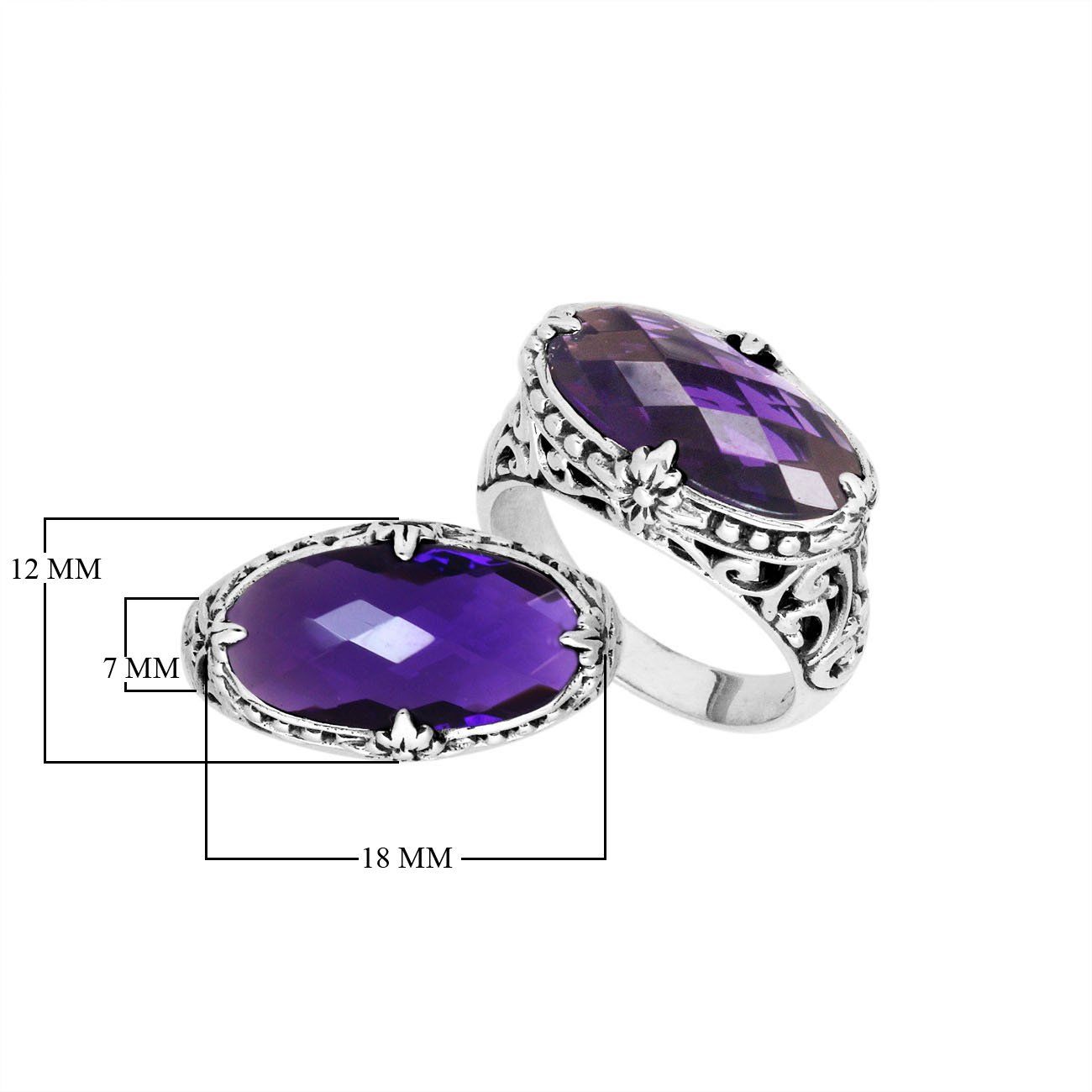 Sterling silver handcrafted Amethyst Quartz oval statement ring with Balinese floral design