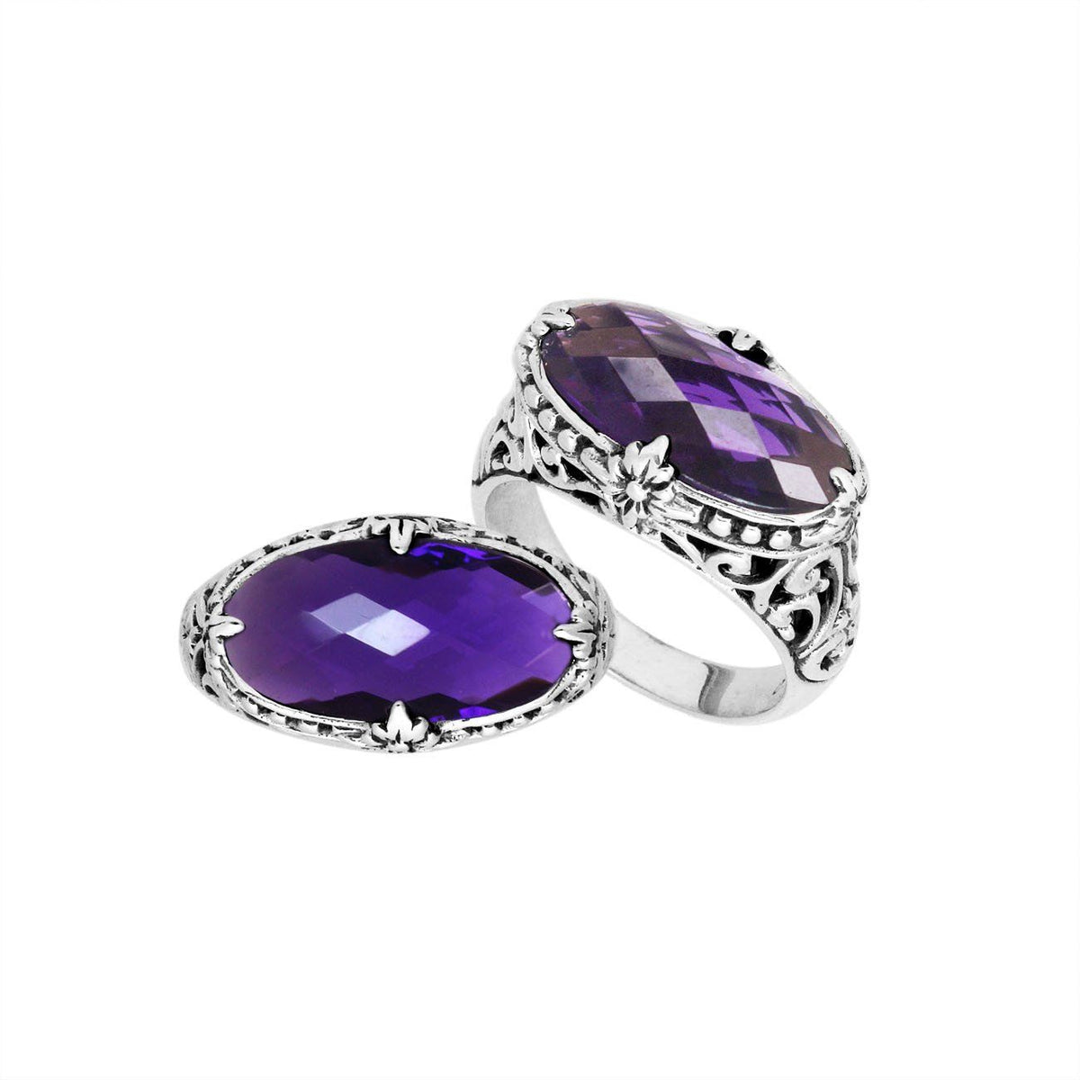 Sterling silver handcrafted Amethyst Quartz oval statement ring with Balinese floral design
