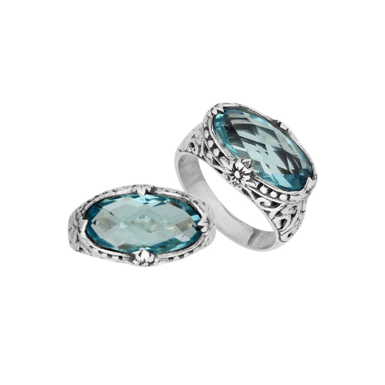 Sterling silver handcrafted Blue Topaz Quartz oval statement ring with Balinese floral detailing