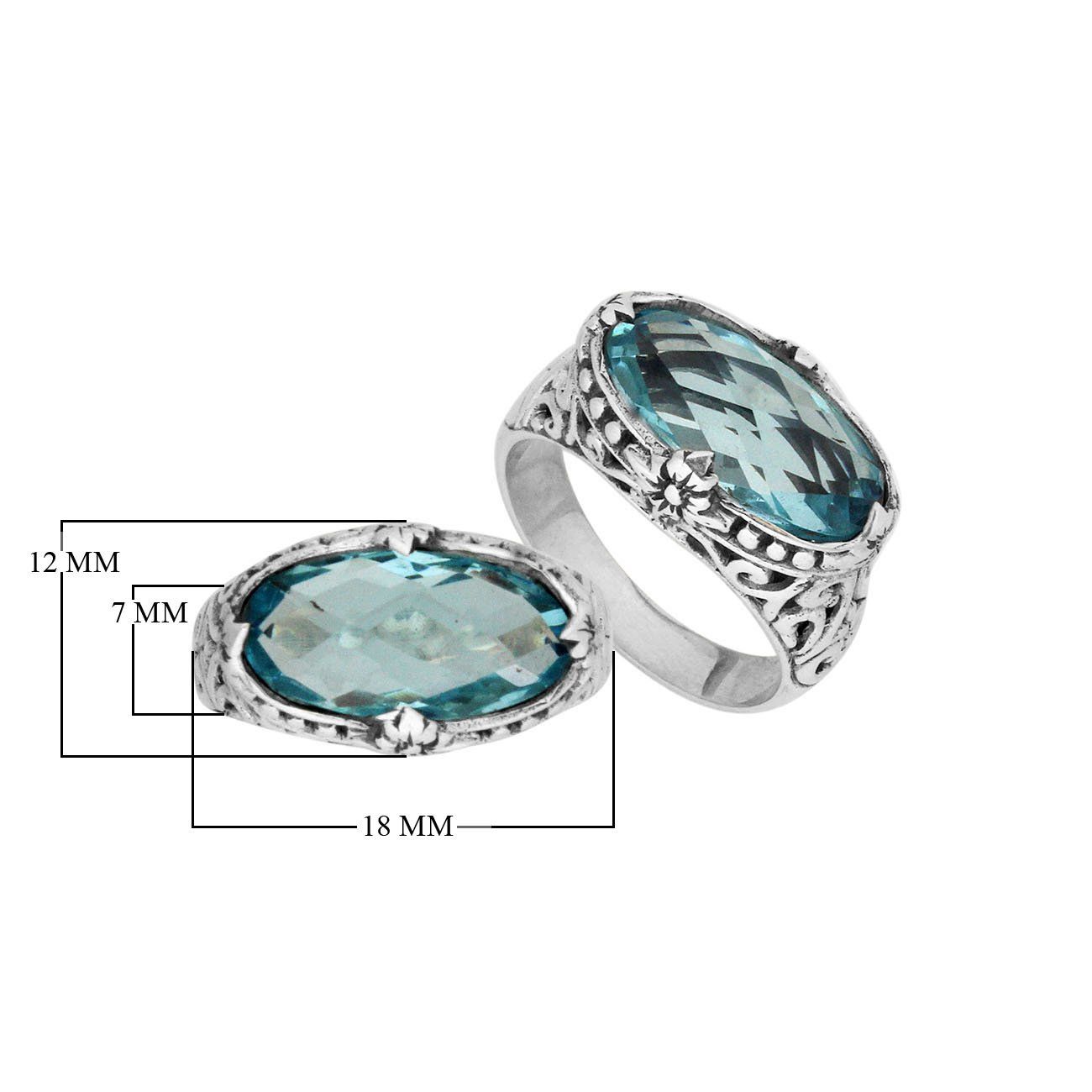 Sterling silver handcrafted Blue Topaz Quartz oval statement ring with Balinese floral detailing