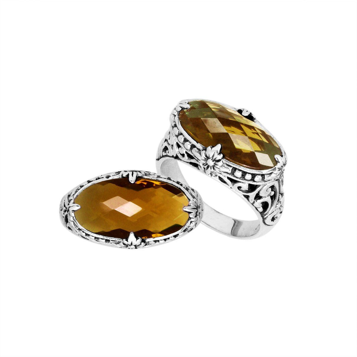 Sterling silver handcrafted Citrine Quartz oval statement ring with Balinese floral detailing