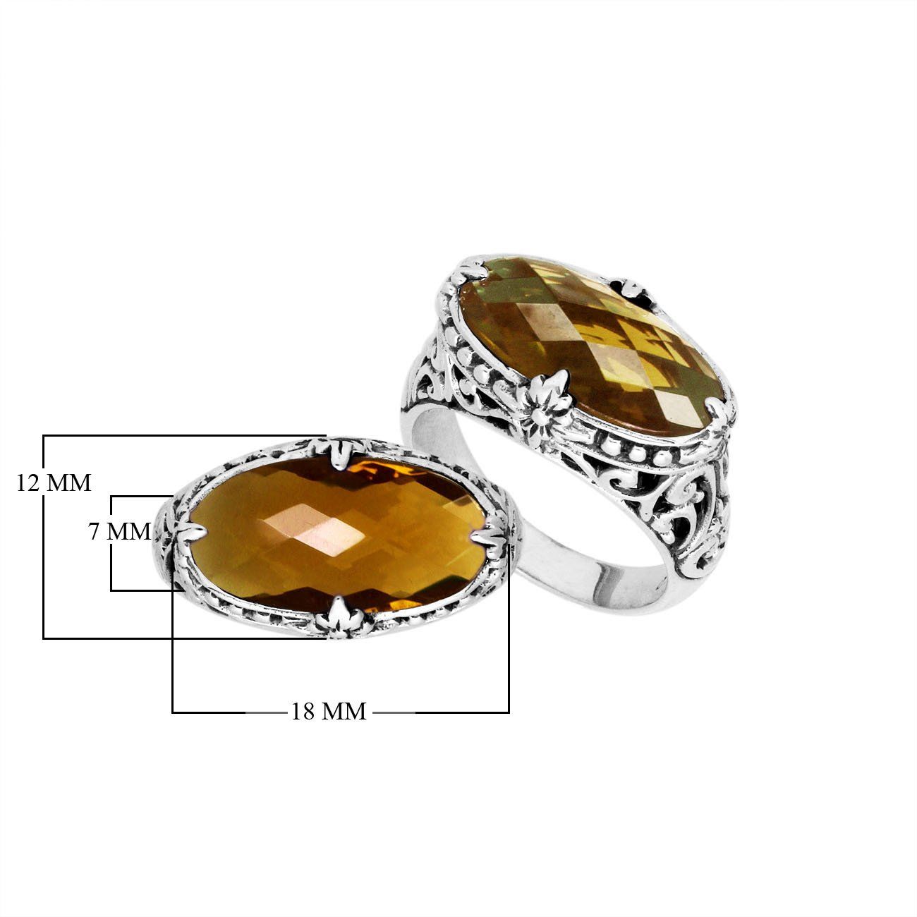 Sterling silver handcrafted Citrine Quartz oval statement ring with Balinese floral detailing