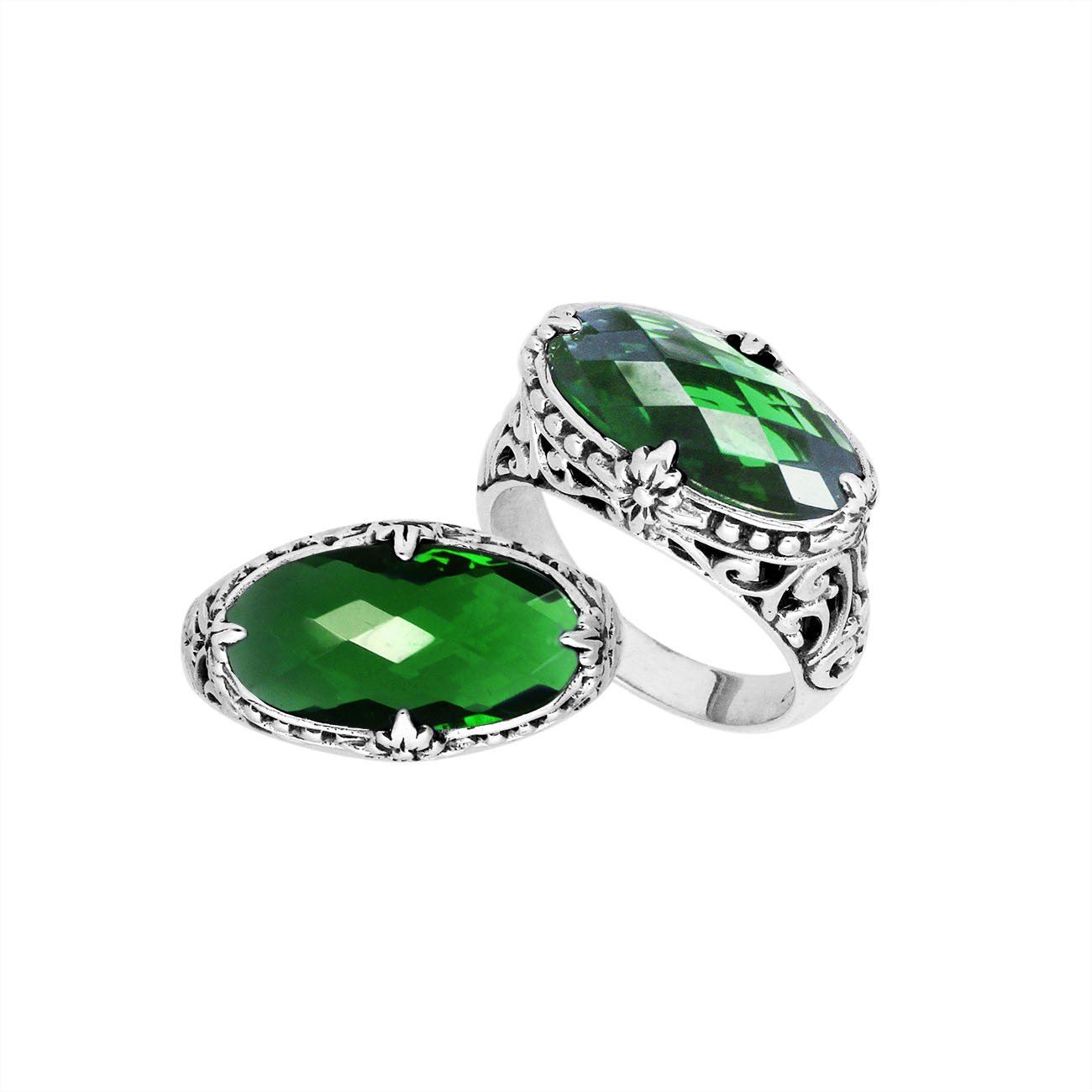 Sterling silver handcrafted Green Quartz oval statement ring with Balinese floral detailing