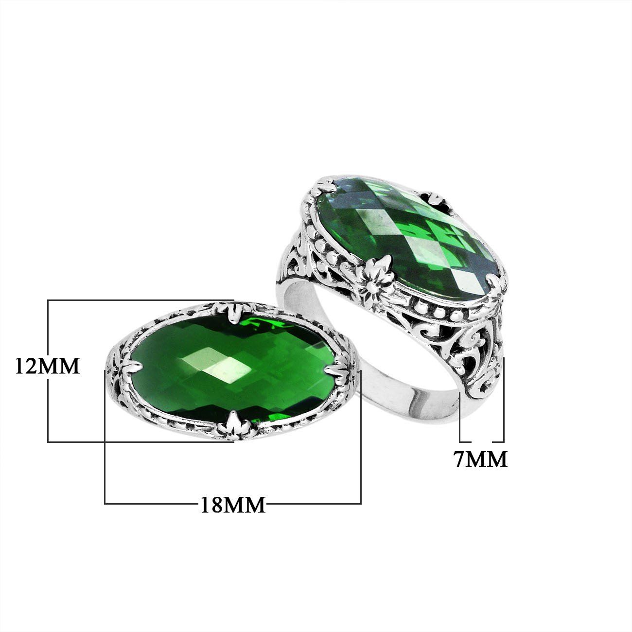 Sterling silver handcrafted Green Quartz oval statement ring with Balinese floral detailing
