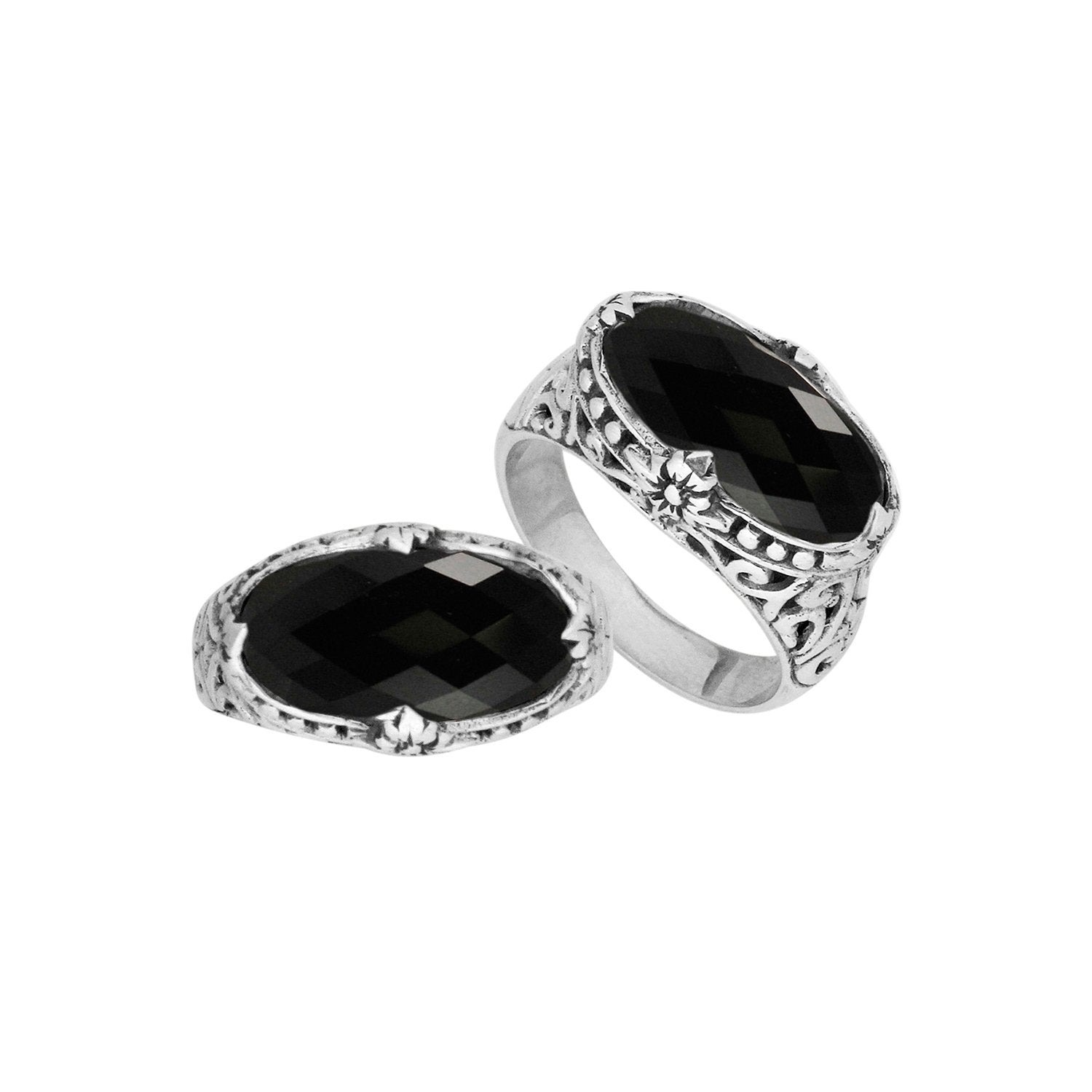 Sterling silver handcrafted Black Onyx oval statement ring with Balinese floral design