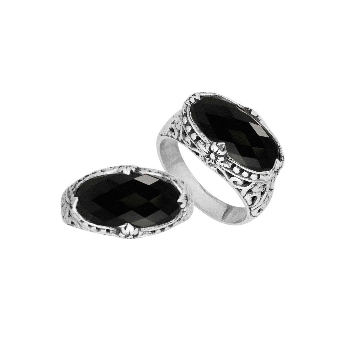 Sterling silver handcrafted Black Onyx oval statement ring with Balinese floral design