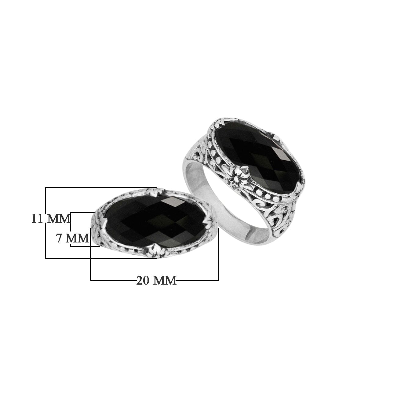 Sterling silver handcrafted Black Onyx oval statement ring with Balinese floral design