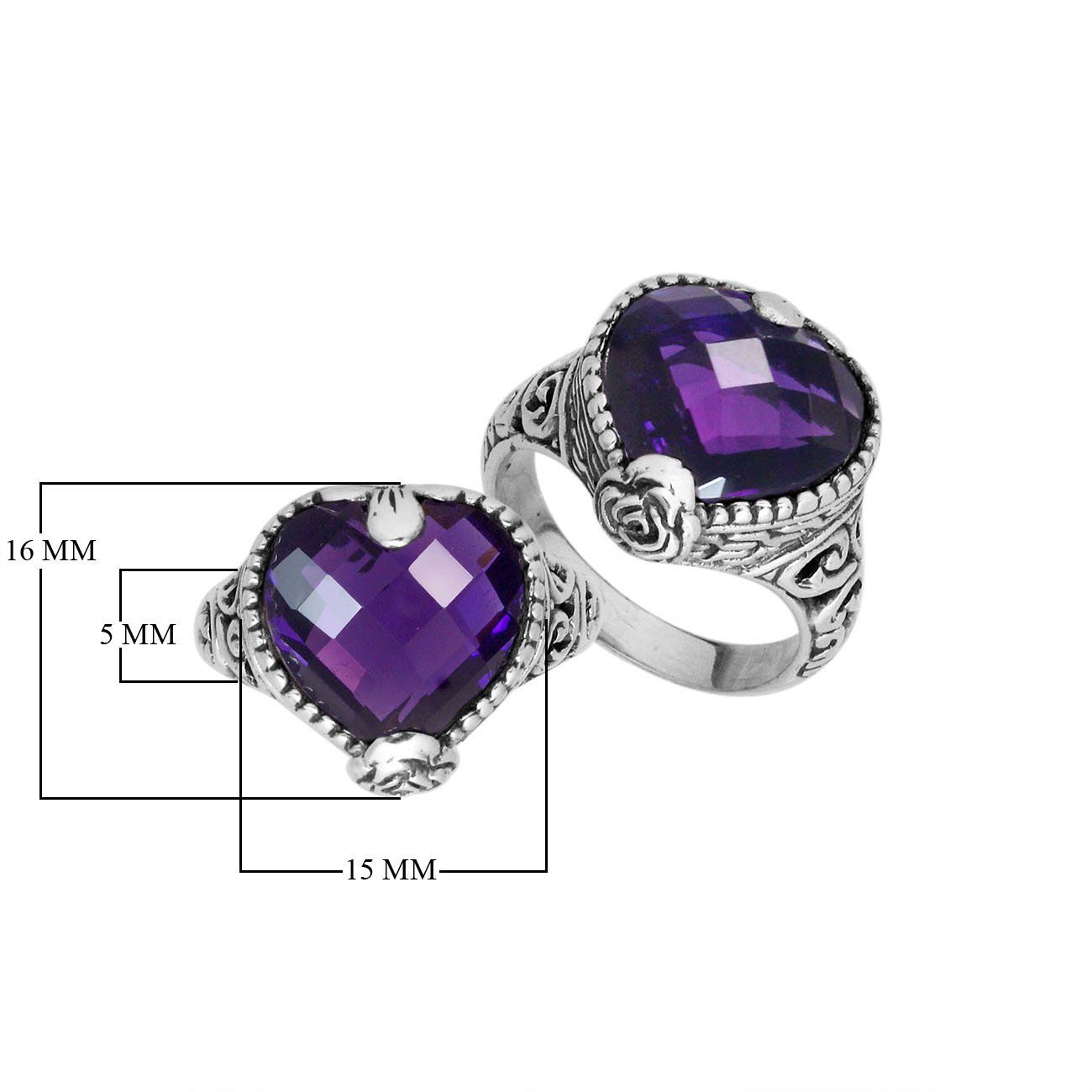 925 Sterling Silver Amethyst Quartz heart ring with detailed Balinese filigree, handcrafted in Bali