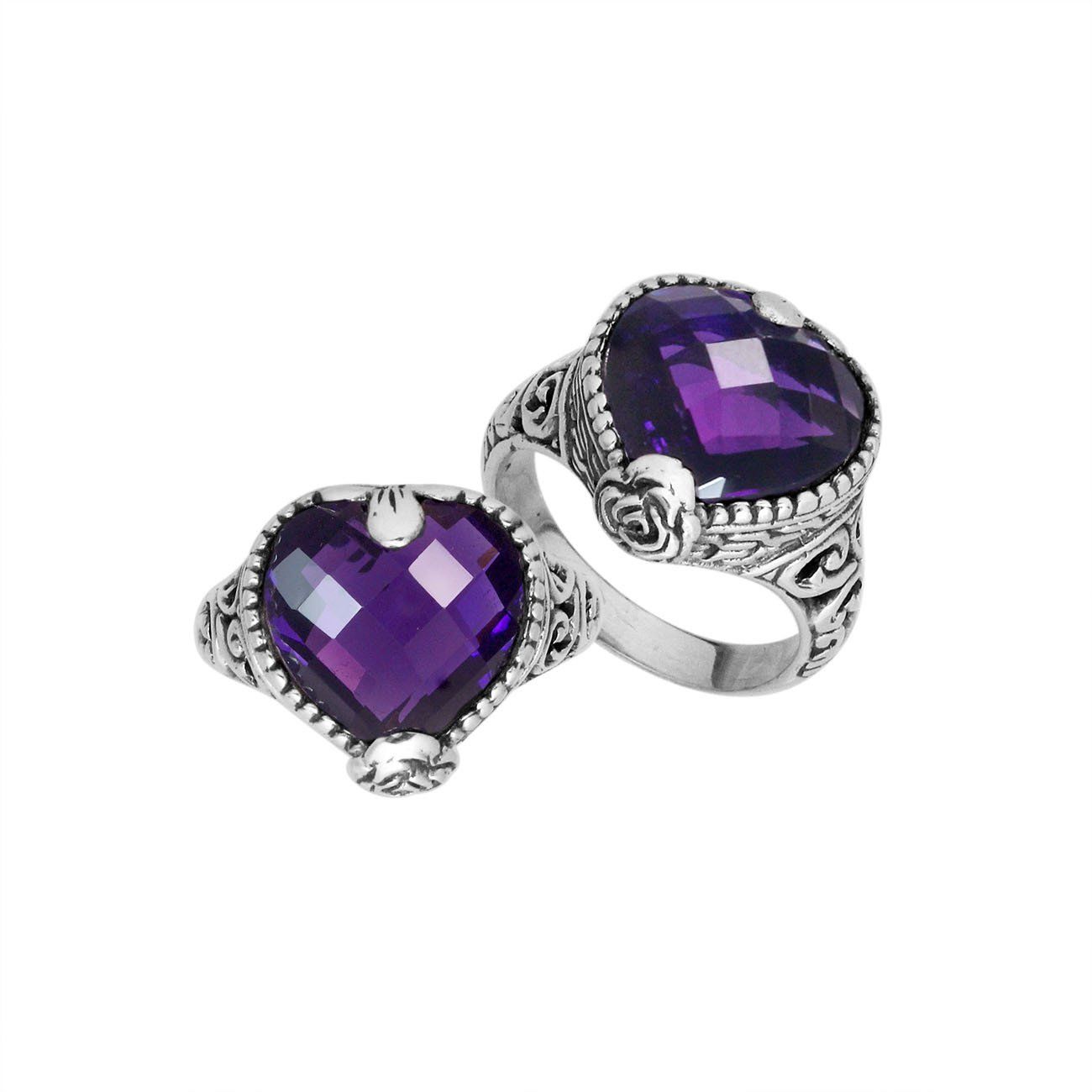 925 Sterling Silver Amethyst Quartz heart ring with detailed Balinese filigree, handcrafted in Bali