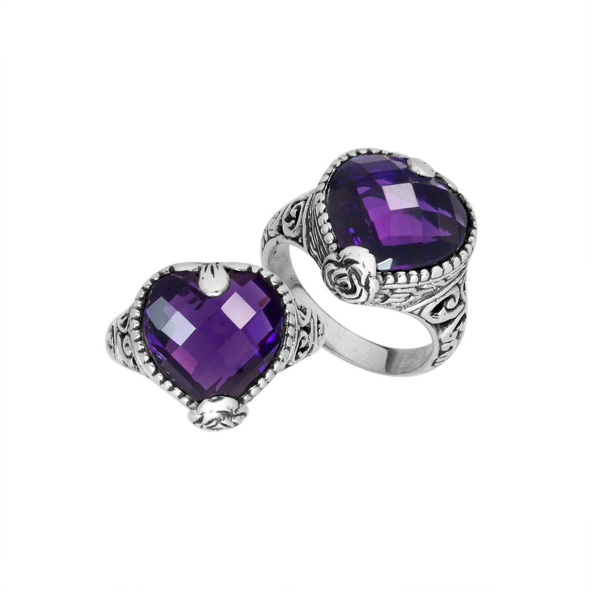 925 Sterling Silver Amethyst Quartz heart ring with detailed Balinese filigree, handcrafted in Bali